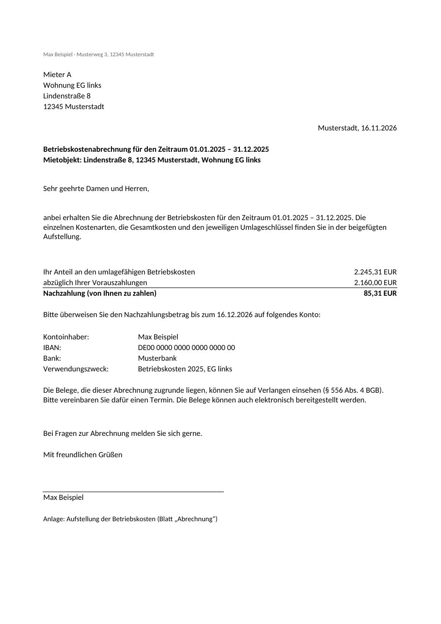 Anschreiben aus der VermieterKlar-Vorlage für die Wohnung EG links: Anteil 2.245,31 €, Vorauszahlungen 2.160,00 €, Nachzahlung 85,31 € und Hinweis auf die Belegeinsicht nach § 556 Abs. 4 BGB (Beispieldaten)